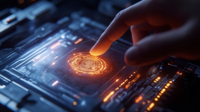 Close-up of a finger scanning a futuristic fingerprint scanner.