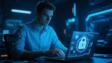 Man working on laptop with digital lock interface in a futuristic blue lit environment indoors