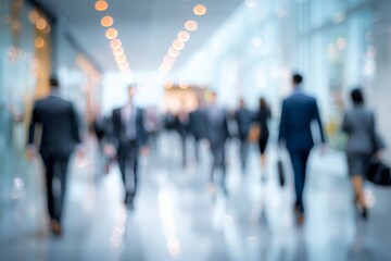 Office lobby buzzes with blurred motion of people. Golden lights add vibrant energy. Great for business or city rush themes.