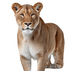Obraz premium Majestic Lioness Staring Fiercely in Front of a White Background, Symbolizing Strength and Grace in Nature