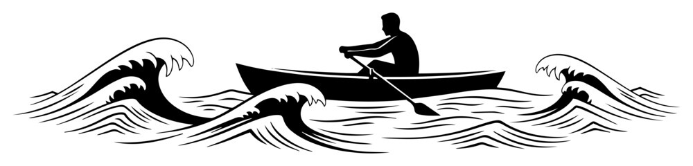 man rowing boat on rough sea silhouette vector illustration © Camel