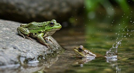 Obraz premium Verdant frog peers at splashy pond friend