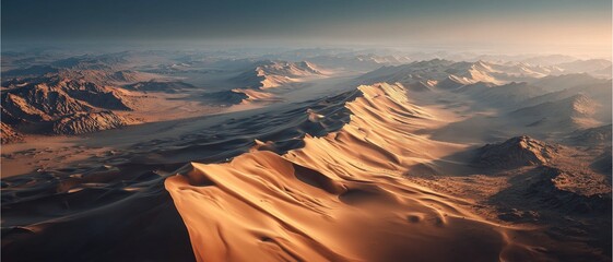 aerial desert landscape with sand dunes, stunning desert landscape photography, sunrise over desert landscape with mountain ranges