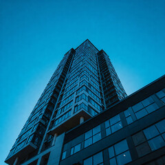 Fototapeta premium A modern skyscraper with a glass facade, towering against a clear blue sky,