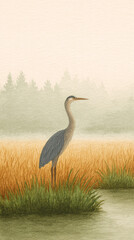 Fototapeta premium Explore the Tranquil Beauty of a Heron Standing Gracefully Amidst a Serene Wetland Habitat at Dawn