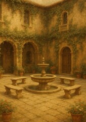 Obraz premium Serene courtyard with classic fountain.