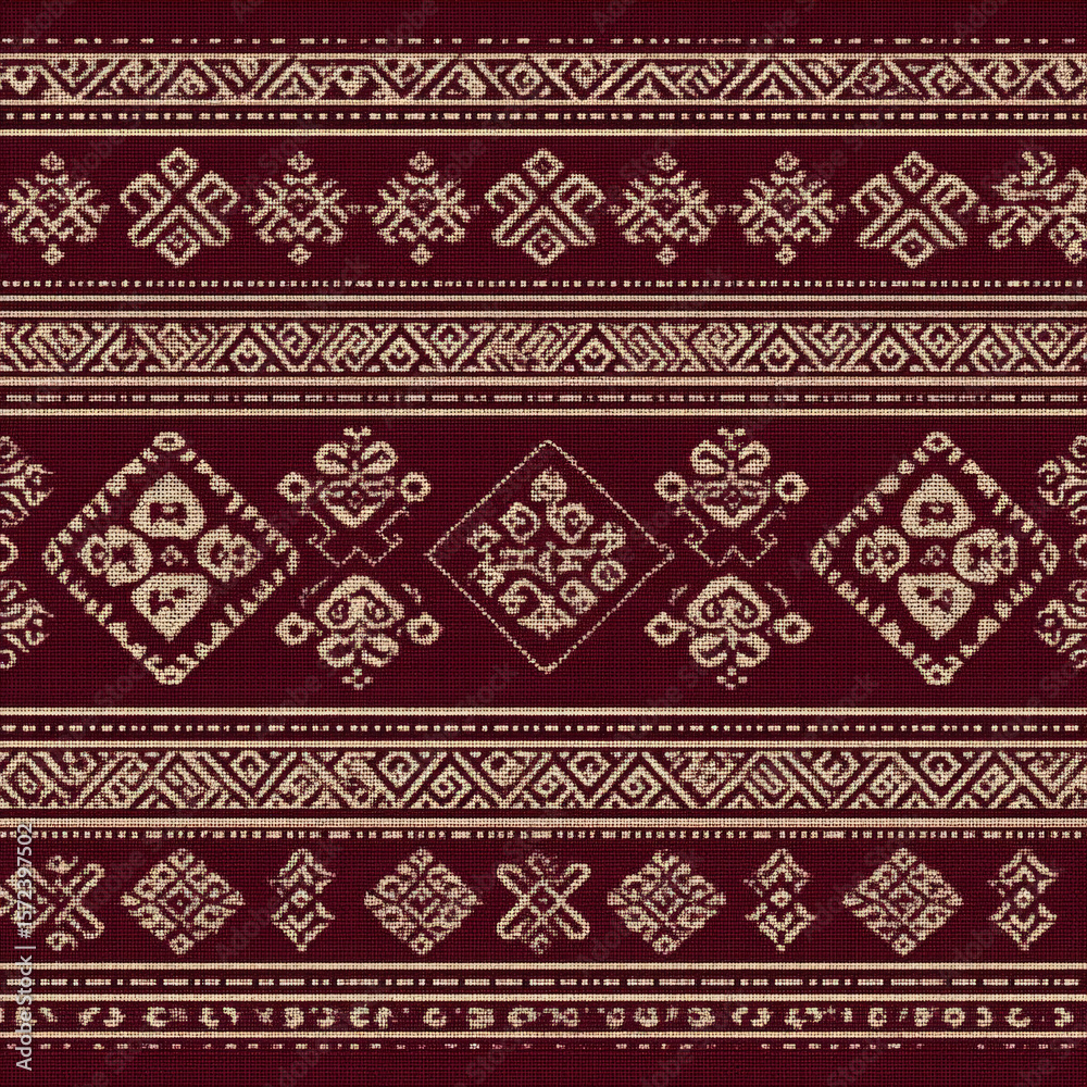 Poster Seamless Geometric Pattern with Intricate Borders on Deep Red Background for Textiles and Design Projects