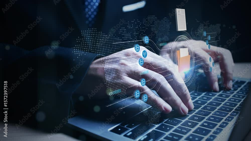 Poster hands on laptop keyboard with virtual document icons and data flow graphics, symbolizing secure onli