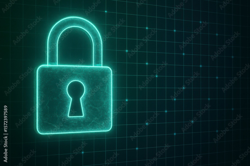 Poster glowing padlock icon on a grid background representing data security
