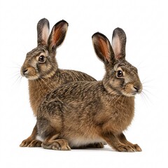 Obraz premium Two brown hares with large ears and expressive eyes, standing side by side,