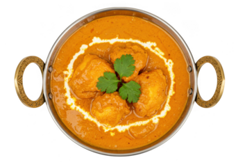 Delicious chicken tikka masala served in a traditional indian karahi with creamy sauce and cilantro isolated on transparent background
