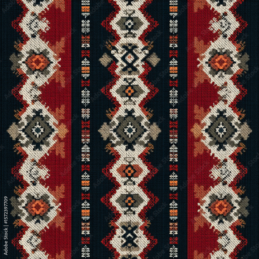 Poster seamless pattern of bold lines and textiles with intricate design in warm tones for creative project