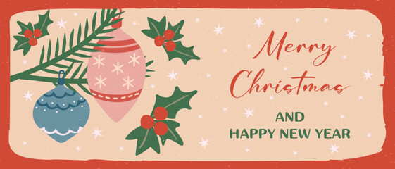 Retro style Merry Christmas and Happy New Year greeting card or banner with holiday decorations and holly berry design.