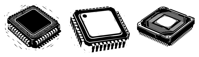 computer processor cpu microchip vector icon set