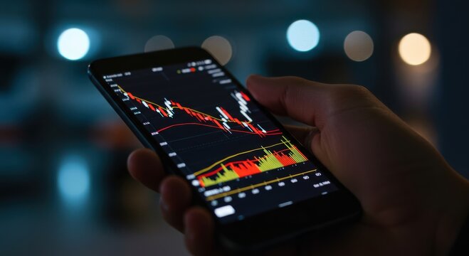 Close up of a hand holding a smartphone displaying a financial stock market trading chart with bokeh lights in the background