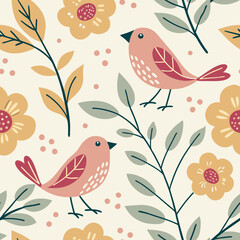 Pink birds and flowers in seamless vector pattern design, concept of seamless vector pattern  