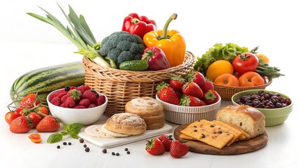 A bountiful display of fresh fruits, vegetables, and baked goods arranged in a rustic basket and bowls on a clean white surface