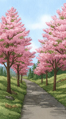 Naklejka premium Serene Pink Cherry Blossom Pathway: A Tranquil Spring Landscape Awash with Nature's Beauty and Vibrant Colors, Perfect for Relaxation and Outdoor Enthusiasts