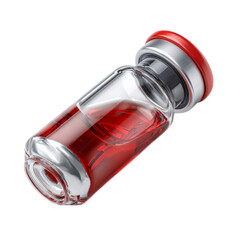 Glass vial with red liquid and silver cap isolated on white background, ideal for pharmaceutical or laboratory use