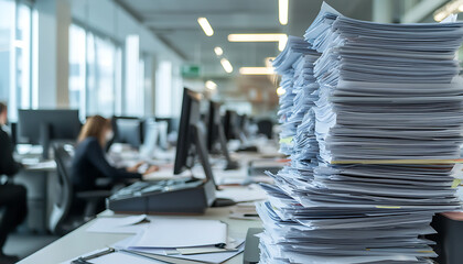 Overwhelming Paperwork: A huge stack of documents sits on a desk in a busy open-plan office, symbolizing administrative overload and document management challenges.
