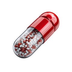 Transparent capsule filled with red and white spheres illustrating health, medicine, and medication concepts in a vibrant design