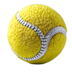 Close-up View of a Vibrant Yellow Tennis Ball with Classic Stitching Design on a White Background for Sports Imagery