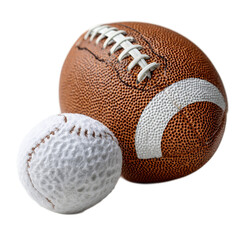 Close-Up of a Football and a Baseball on a White Background Showcasing Two Popular American Sports Equipment