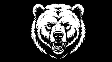 A powerful, snarling grizzly bear's head, rendered in stark black and white, dominates the image.