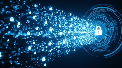 A stream of digital locks flows into a central security hub, symbolizing cybersecurity and data protection in the digital age - Powered by Adobe