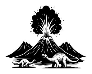 prehistoric volcano eruption with dinosaurs monochrome vector illustration © Camel
