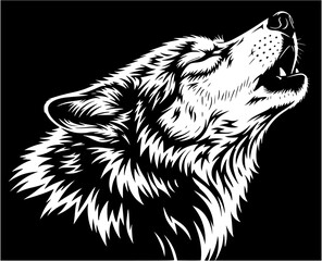 A stylized, black and white illustration depicting a howling wolf against a dark background.