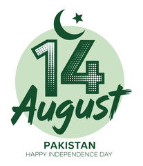 Pakistan Independence Day 14 August graphic with crescent, star, and bold typography on green circular background celebrating freedom