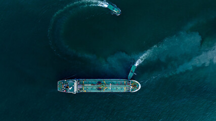 Aerial view crude oil tanker ship and tugboat, Global business import export freight shipping crude oil logistic transport international, Crude oil tanker ship industrial sea freight logistic maritime