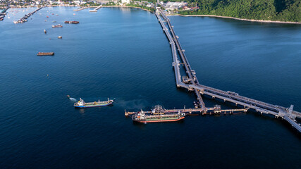 Aerial view crude oil tanker ship and tugboat, Global business import export freight shipping crude oil logistic transport international, Crude oil tanker ship industrial sea freight logistic maritime