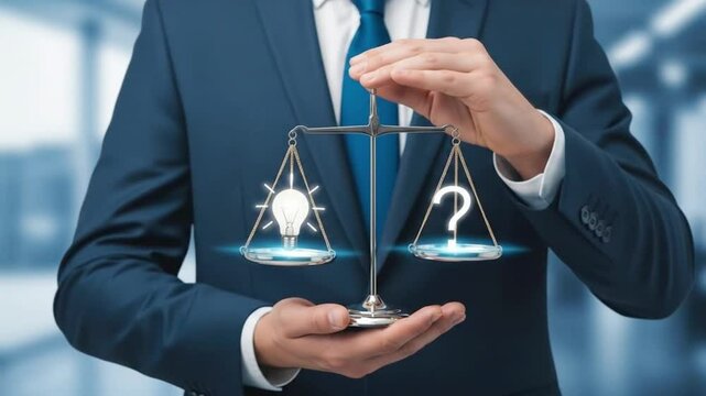 A businessman holds scales balancing a lightbulb and a question mark, symbolizing decisionmaking and weighing ideas against uncertainties