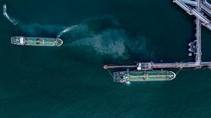 Aerial view crude oil tanker ship and tugboat, Global business import export freight shipping crude oil logistic transport international, Crude oil tanker ship industrial sea freight logistic maritime