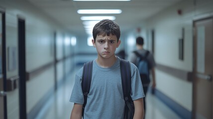 Sad boy with backpack in school hallway.