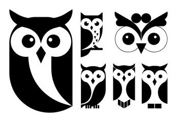 set of cute owls icons monochrome vector illustration