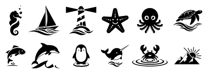 Fototapeta premium sea animals and nautical icons set monochrome vector illustration