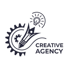 Dark blue pencil lightbulb gear and text logo agency