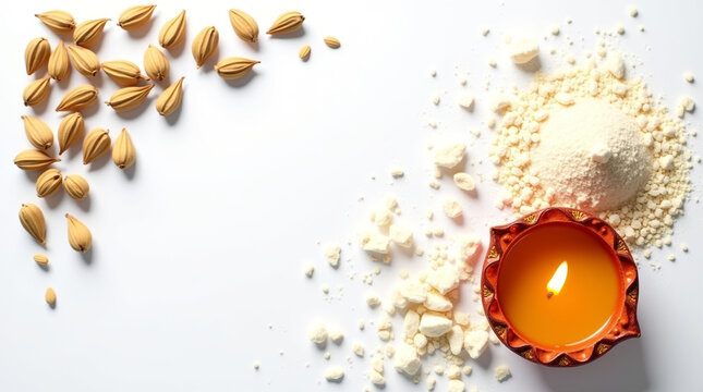Diwali food preparation featuring nuts, flour, and a diya lamp arranged on a white background, perfect for traditional indian cooking