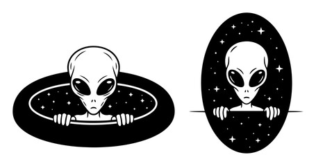 cute alien peeking from space portal ufo vector logo set