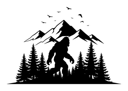 bigfoot sasquatch walking in mountain forest silhouette logo