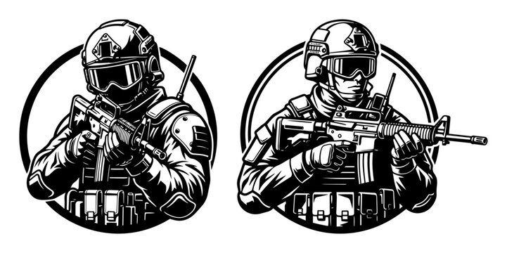special forces soldier with tactical rifle swat police vector logo set