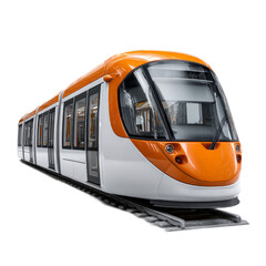 Modern Orange and White Tram Appearing in Urban Setting with Clear Sky and Tracks, Ideal for Transportation Images