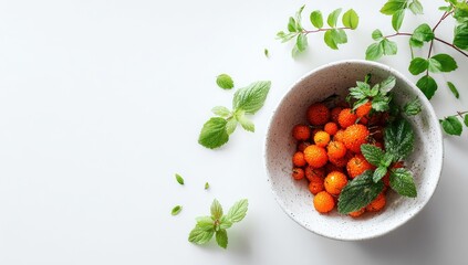Fresh orange berries in bowl, mint sprigs