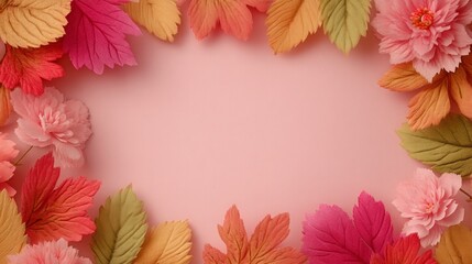Obraz premium A frame of leaves and flowers with a pink background
