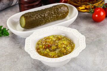 Souce gherkin relish with marinated cucumbers