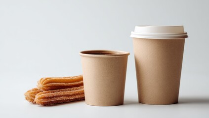 Churros and coffee cups on a white surface
