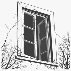 Broken window frame with bare branches open window